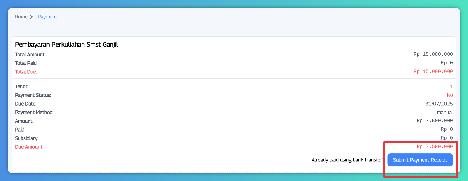 Submit Payment Reciept